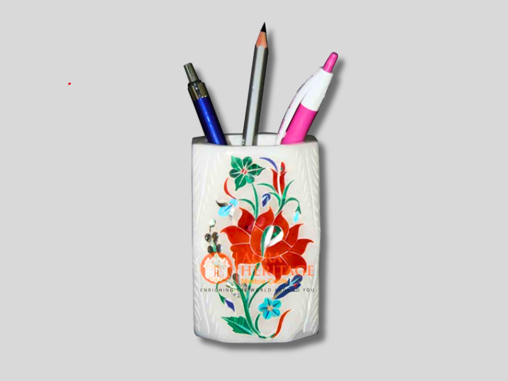 Carnelian Gemstone Inlay White Pen and Pencil Holder